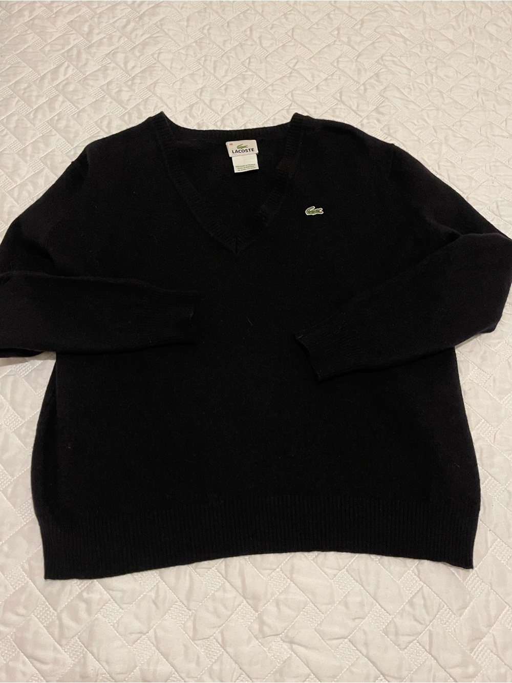 Lacoste Black V-Neck Sweater with Green Crocodile Patch